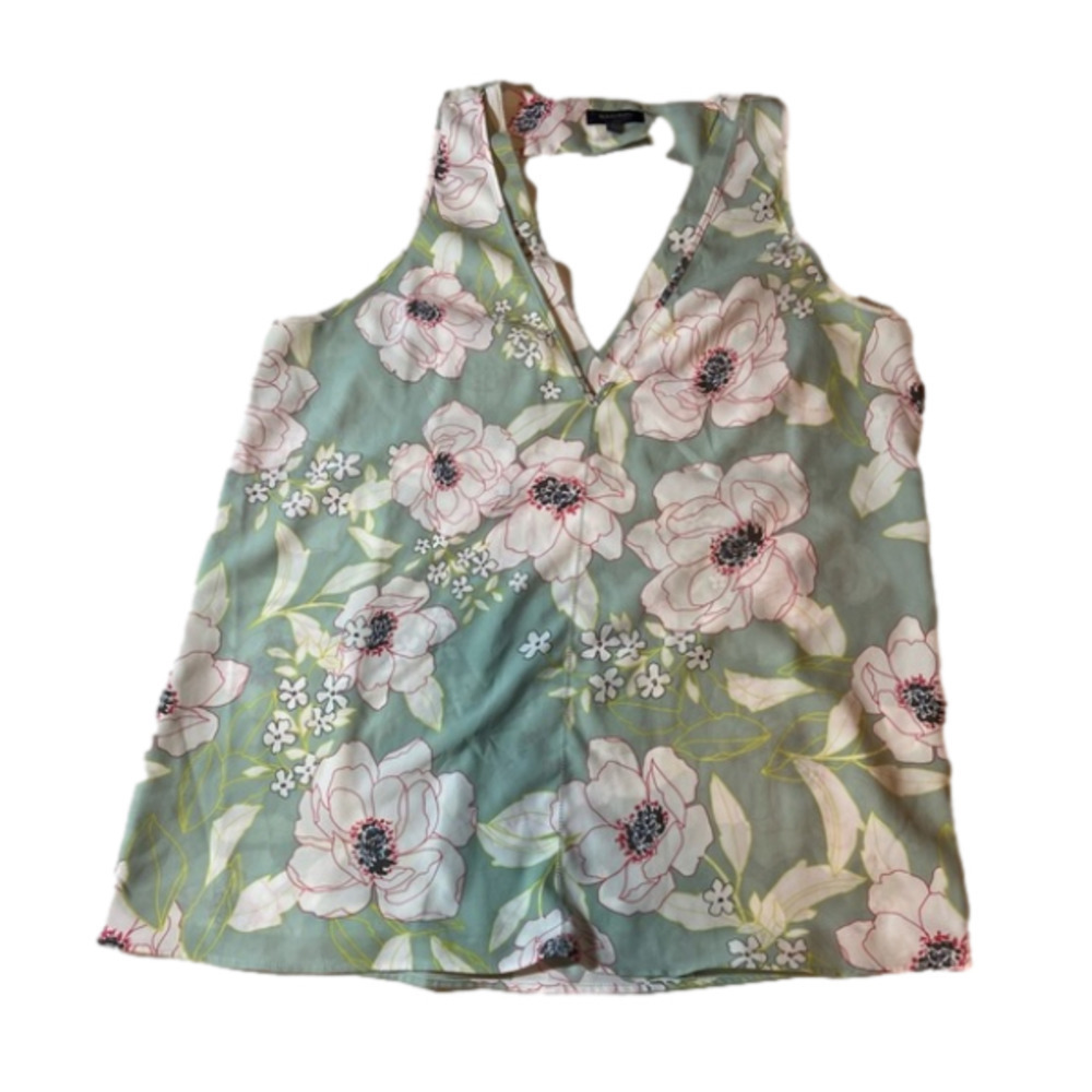 women’s green floral v neck Madison sleeveless Tank Top LG cute GUC polyester